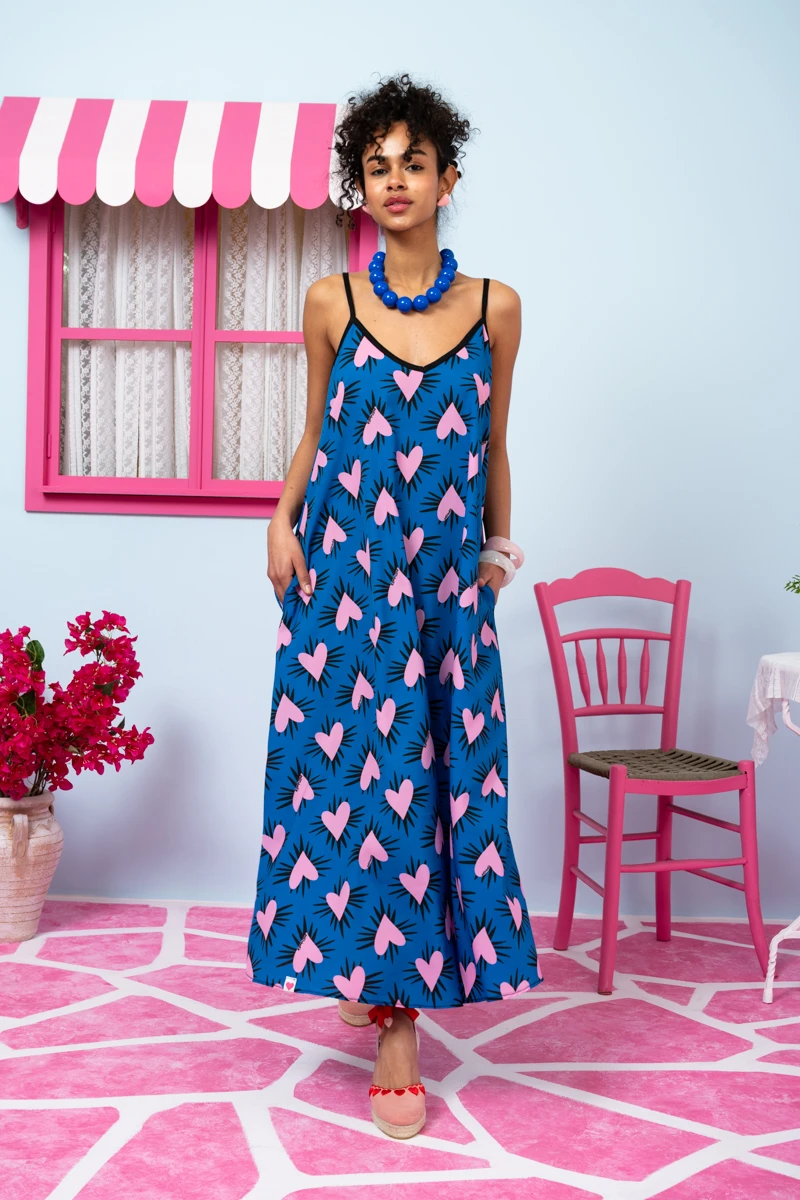 Matina Dress Blue Hearts Pink Spikes Φόρεμα με Ζώνη & Τσέπες Petit Boutik - Image 2