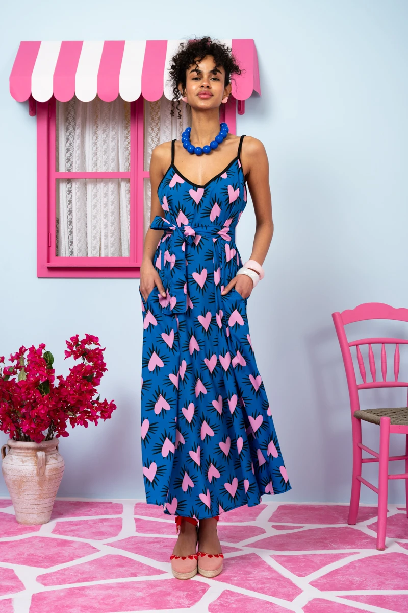 Matina Dress Blue Hearts Pink Spikes Φόρεμα με Ζώνη & Τσέπες Petit Boutik - Image 3