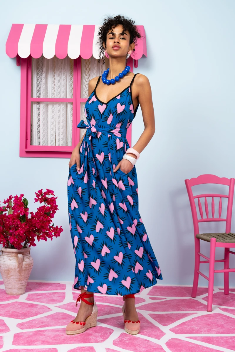 Matina Dress Blue Hearts Pink Spikes Φόρεμα με Ζώνη & Τσέπες Petit Boutik