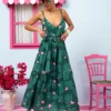 Athena Dress Vis Green Leaves Pink Hearts Φόρεμα με Ζώνη & Τσέπες Petit Boutik