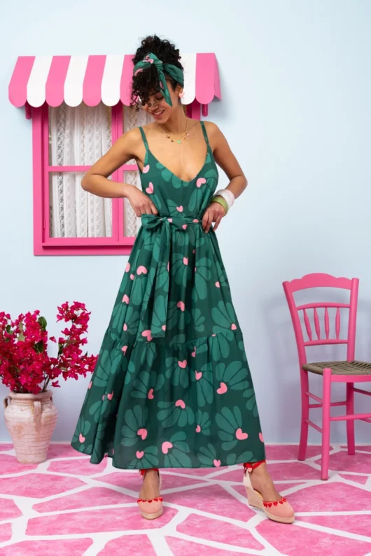 Athena Dress Vis Green Leaves Pink Hearts Φόρεμα με Ζώνη & Τσέπες Petit Boutik