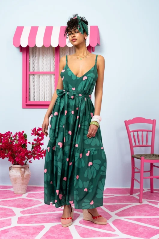 Alternative view of Athena Dress Vis Green Leaves Pink Hearts Φόρεμα με Ζώνη & Τσέπες Petit Boutik