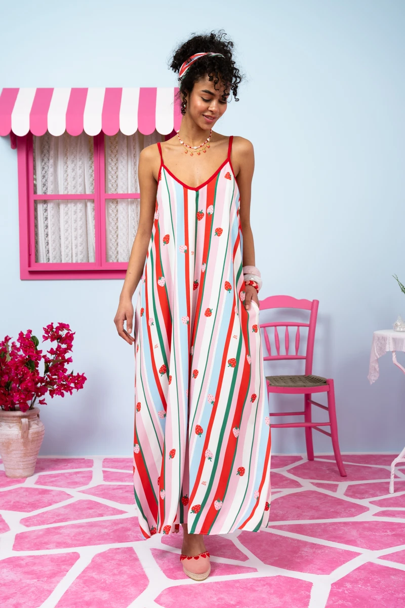 Matina Dress Vis Multi Stripes Strawberries Φόρεμα με Ζώνη & Τσέπες Petit Boutik - Image 4