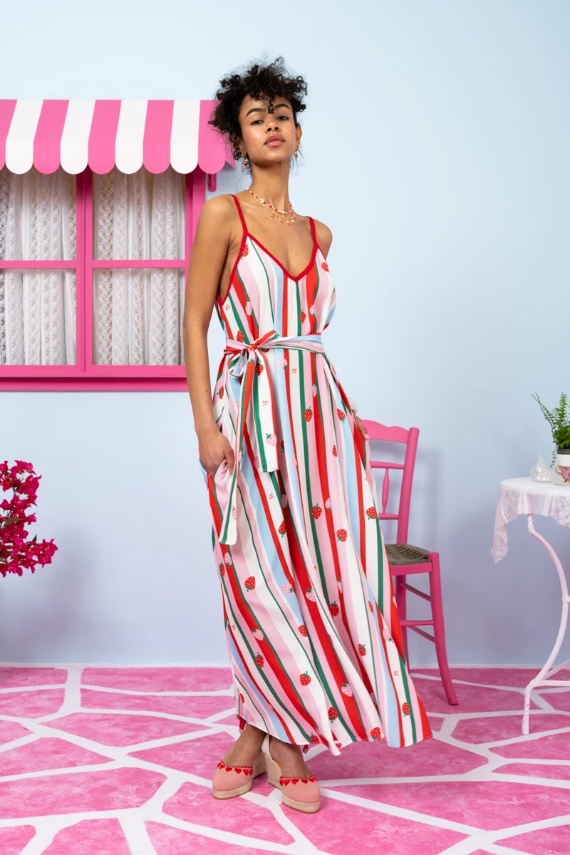 Matina Dress Vis Multi Stripes Strawberries Φόρεμα με Ζώνη & Τσέπες Petit Boutik - Image 3