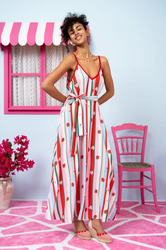 Alternative view of Matina Dress Vis Multi Stripes Strawberries Φόρεμα με Ζώνη & Τσέπες Petit Boutik