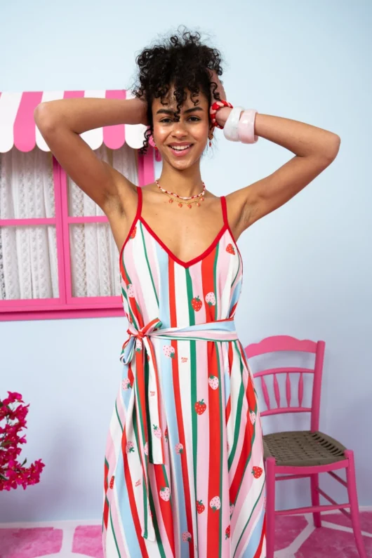 Matina Dress Vis Multi Stripes Strawberries Φόρεμα με Ζώνη & Τσέπες Petit Boutik