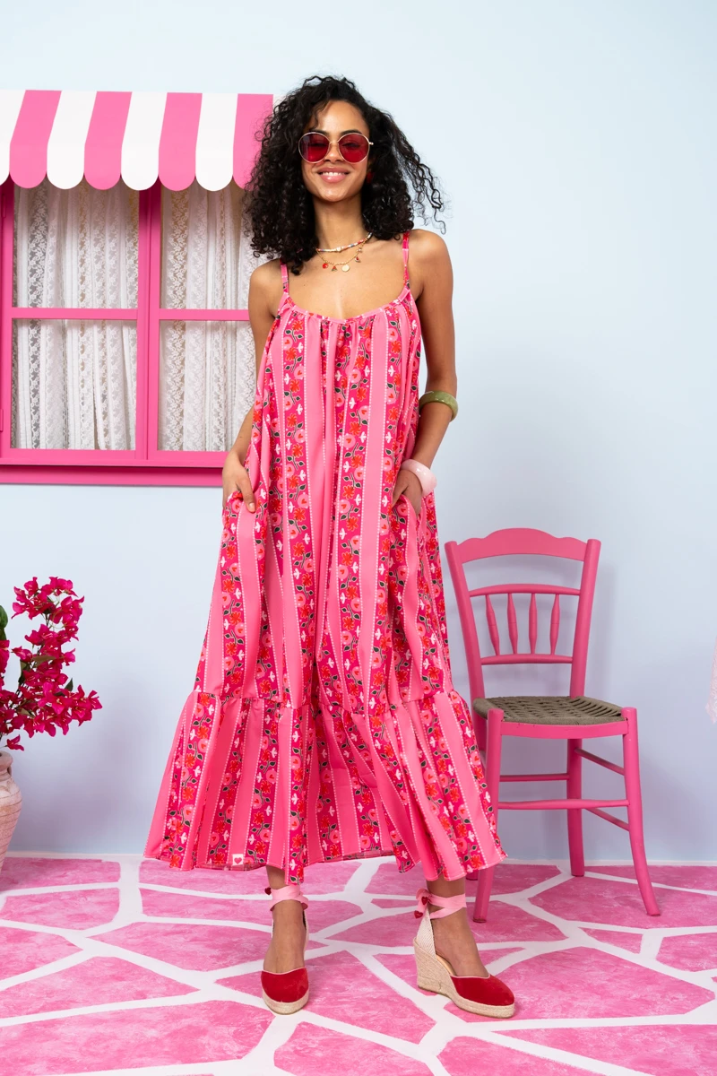 Linda Frill Dress Pink Floral Stripes Τιραντέ Φόρεμα με Ζώνη & Τσέπες Petit Boutik - Image 3