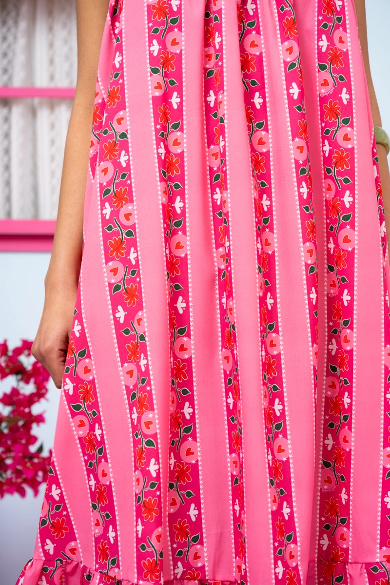 Linda Frill Dress Pink Floral Stripes Τιραντέ Φόρεμα με Ζώνη & Τσέπες Petit Boutik - Image 4