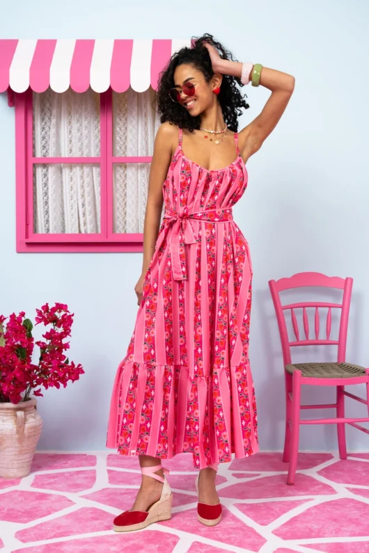 Alternative view of Linda Frill Dress Pink Floral Stripes Τιραντέ Φόρεμα με Ζώνη & Τσέπες Petit Boutik