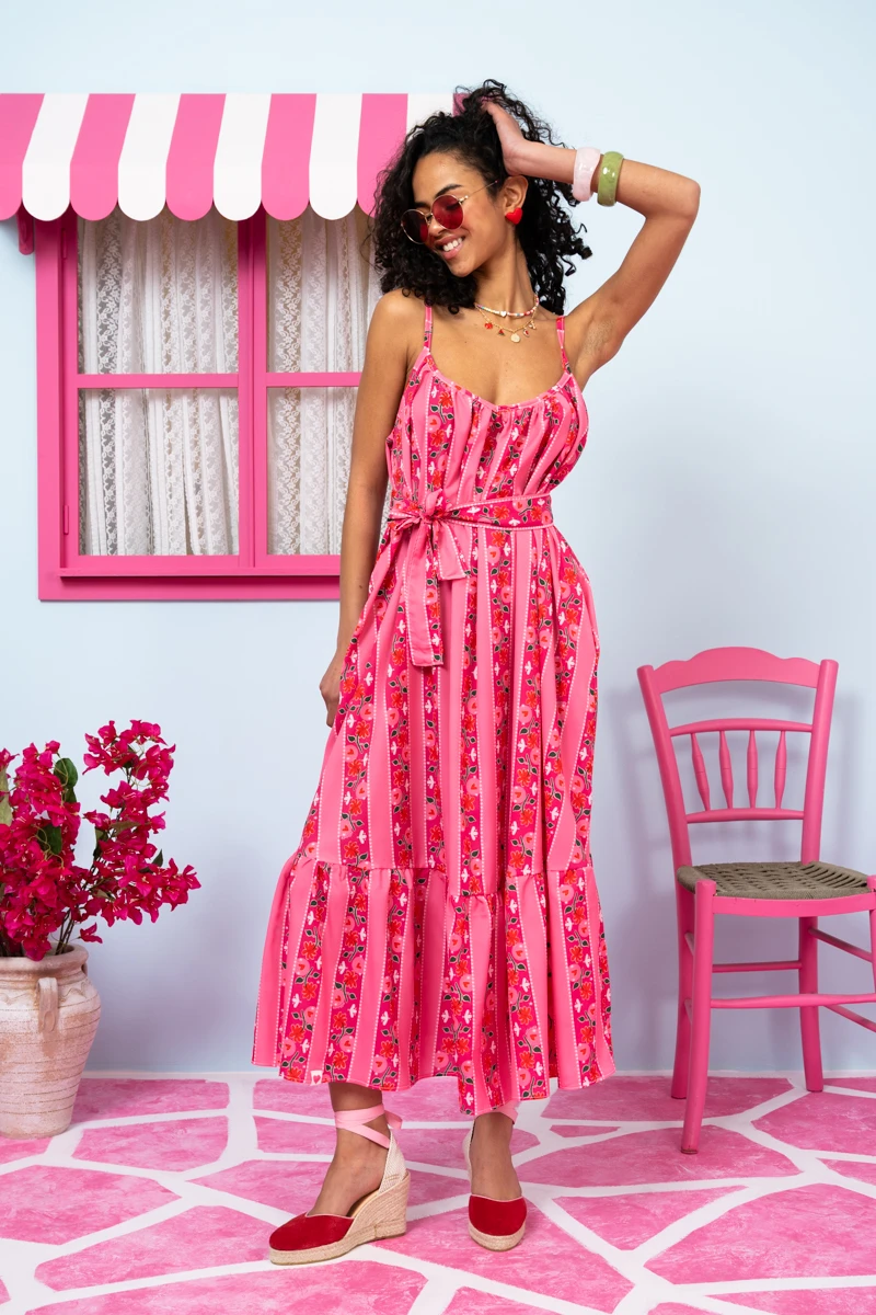 Linda Frill Dress Pink Floral Stripes Τιραντέ Φόρεμα με Ζώνη & Τσέπες Petit Boutik - Image 2