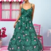 Linda Frill Dress Vis Green Leaves Hearts Τιραντέ Φόρεμα με Ζώνη & Τσέπες Petit Boutik - Image 3