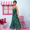 Linda Frill Dress Vis Green Leaves Hearts Τιραντέ Φόρεμα με Ζώνη & Τσέπες Petit Boutik - Image 2