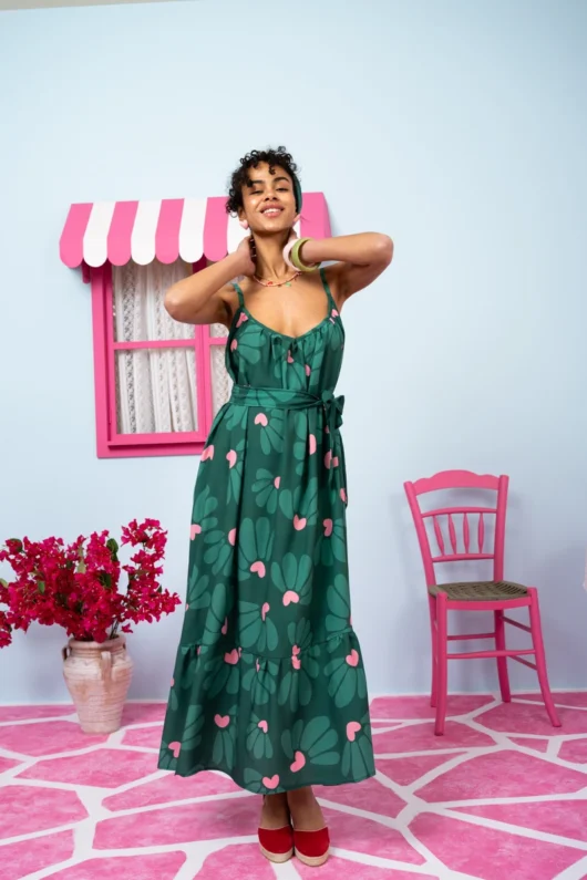 Linda Frill Dress Vis Green Leaves Hearts Τιραντέ Φόρεμα με Ζώνη & Τσέπες Petit Boutik