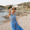 Maxi Φόρεμα Σιέλ με Χρυσό Print & Ζώνη στη Μέση - Image 2