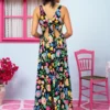 Naya Dress Vis Black Strawberries Forest Εξώπλατο Με Δέσιμο Τιραντέ Φόρεμα & Τσέπες Petit Boutik - Image 3