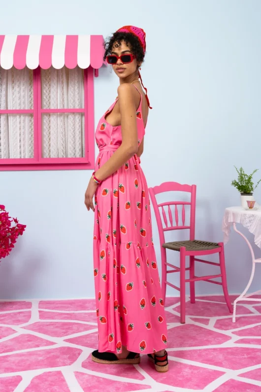 Alternative view of Athena Dress Vis Pink Red Strawberries Φόρεμα με Ζώνη & Τσέπες Petit Boutik