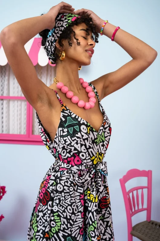 Alternative view of Athena Dress Black Summer Letters Φόρεμα με Ζώνη & Τσέπες Petit Boutik