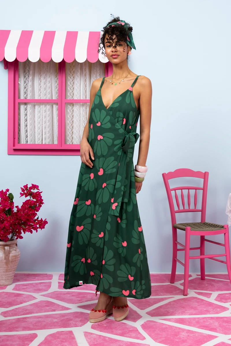 Erica Wrap Dress Vis Green Leaves Hearts Φόρεμα Κρουαζέ Petit Boutik - Image 4
