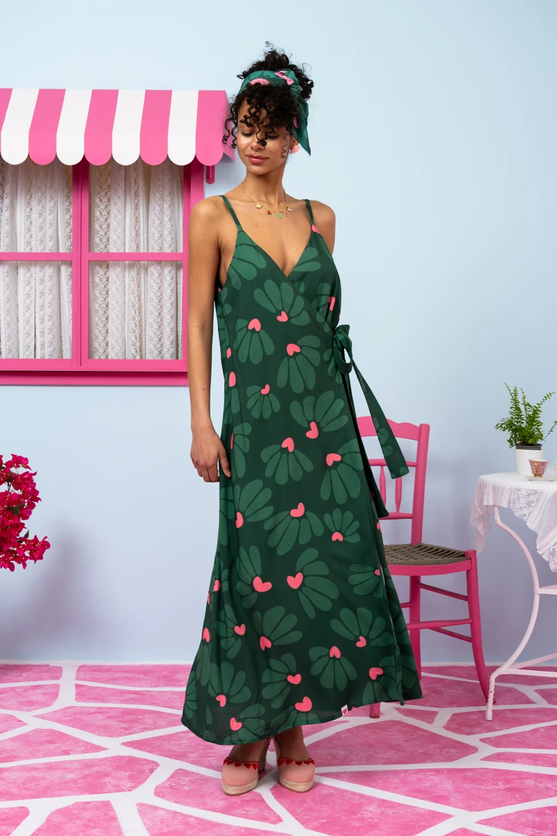Erica Wrap Dress Vis Green Leaves Hearts Φόρεμα Κρουαζέ Petit Boutik