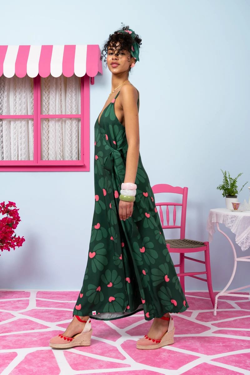 Erica Wrap Dress Vis Green Leaves Hearts Φόρεμα Κρουαζέ Petit Boutik - Image 3