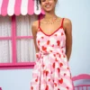Matina Dress Vis Pink White Waves Red Hearts Φόρεμα με Ζώνη & Τσέπες Petit Boutik - Image 3