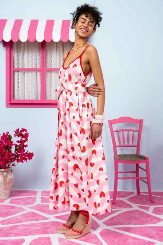 Matina Dress Vis Pink White Waves Red Hearts Φόρεμα με Ζώνη & Τσέπες Petit Boutik
