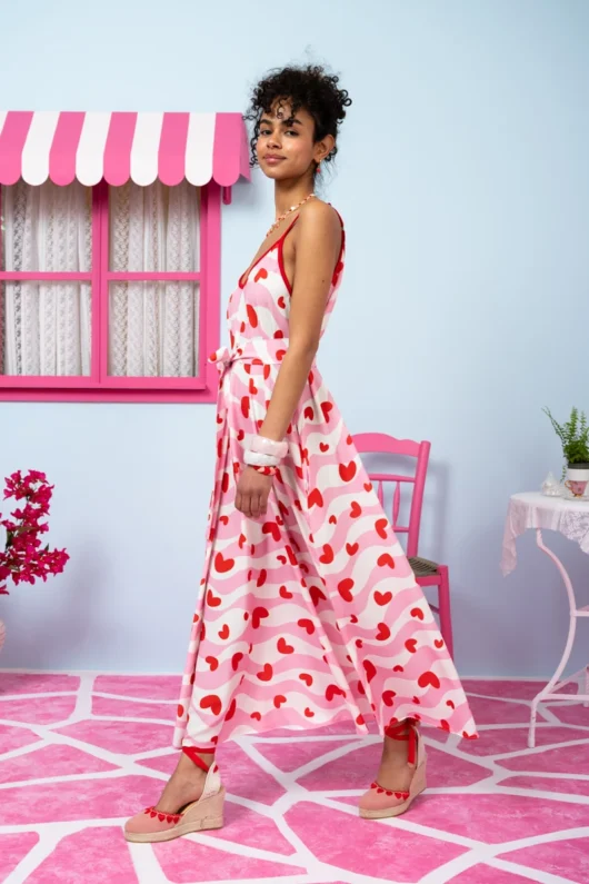 Alternative view of Matina Dress Vis Pink White Waves Red Hearts Φόρεμα με Ζώνη & Τσέπες Petit Boutik