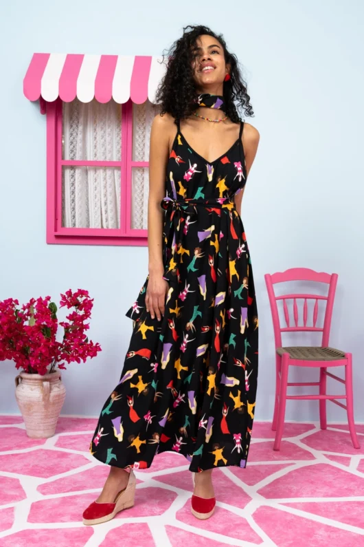 Matina Dress Vis Black Dancing Girls Φόρεμα με Ζώνη & Τσέπες Petit Boutik