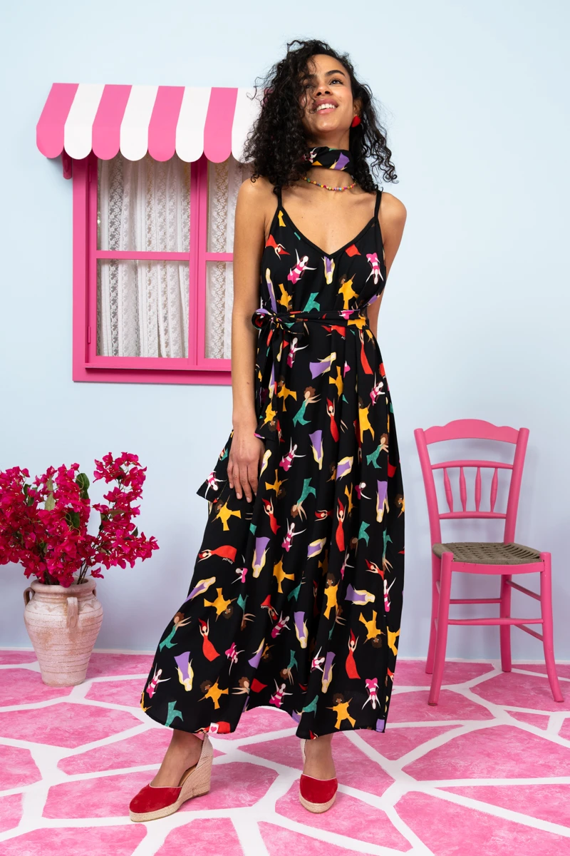 Matina Dress Vis Black Dancing Girls Φόρεμα με Ζώνη & Τσέπες Petit Boutik