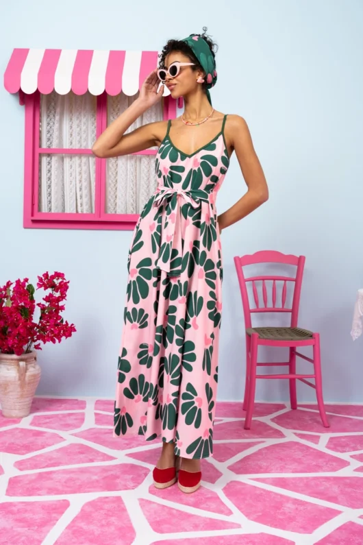 Matina Dress Vis Pink Leaves Hearts Φόρεμα με Ζώνη & Τσέπες Petit Boutik