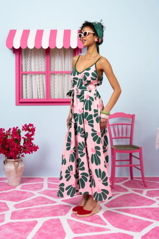 Alternative view of Matina Dress Vis Pink Leaves Hearts Φόρεμα με Ζώνη & Τσέπες Petit Boutik