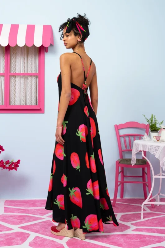 Zanzi Dress Vis Black Big Strawberries Φόρεμα Εξώπλατο Petit Boutik