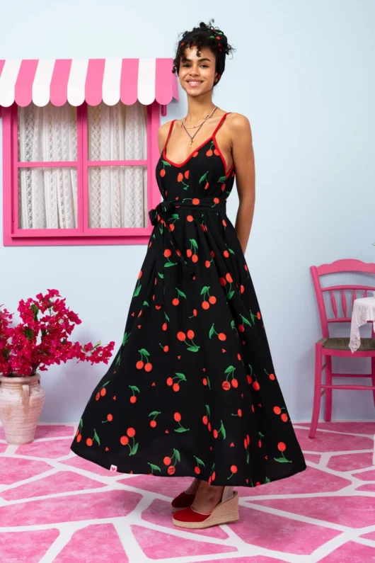 Matina Dress Vis Black Cherries Φόρεμα με Ζώνη & Τσέπες Petit Boutik
