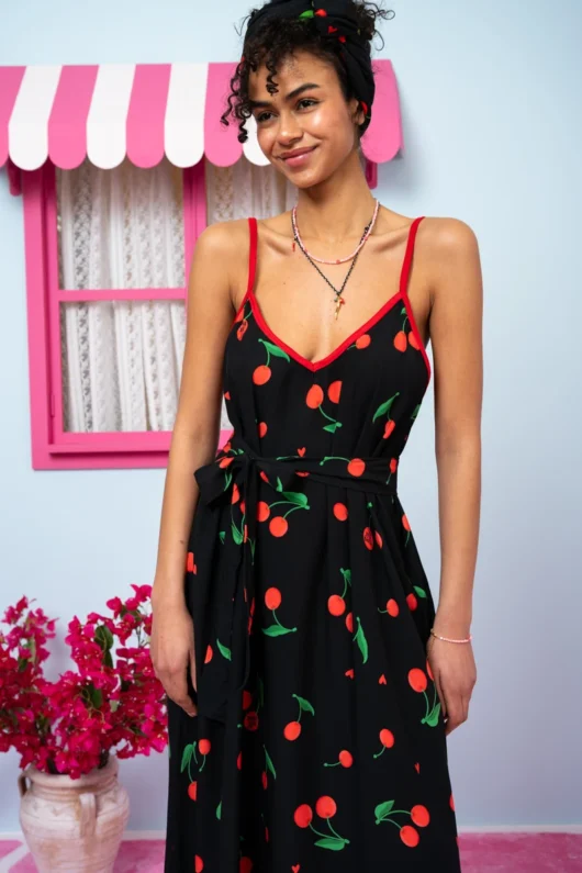 Alternative view of Matina Dress Vis Black Cherries Φόρεμα με Ζώνη & Τσέπες Petit Boutik