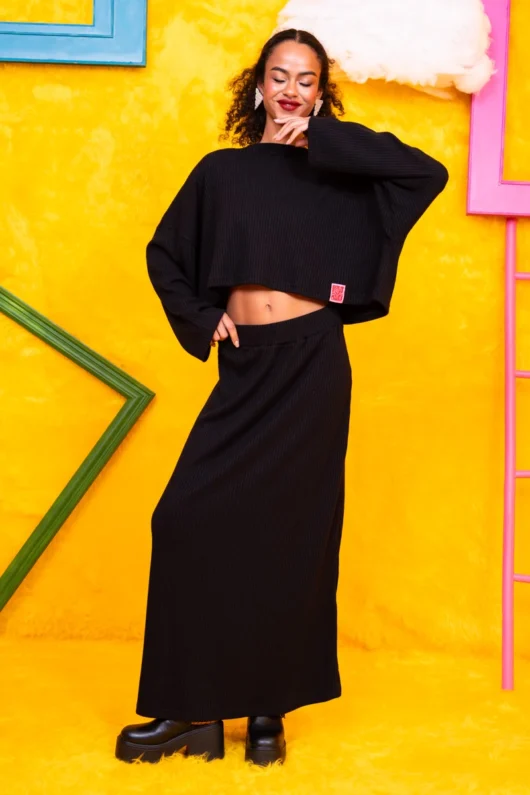 Chelsie Crop Top Πλεκτή Rib Μαύρη Μπλούζα Petit Boutik