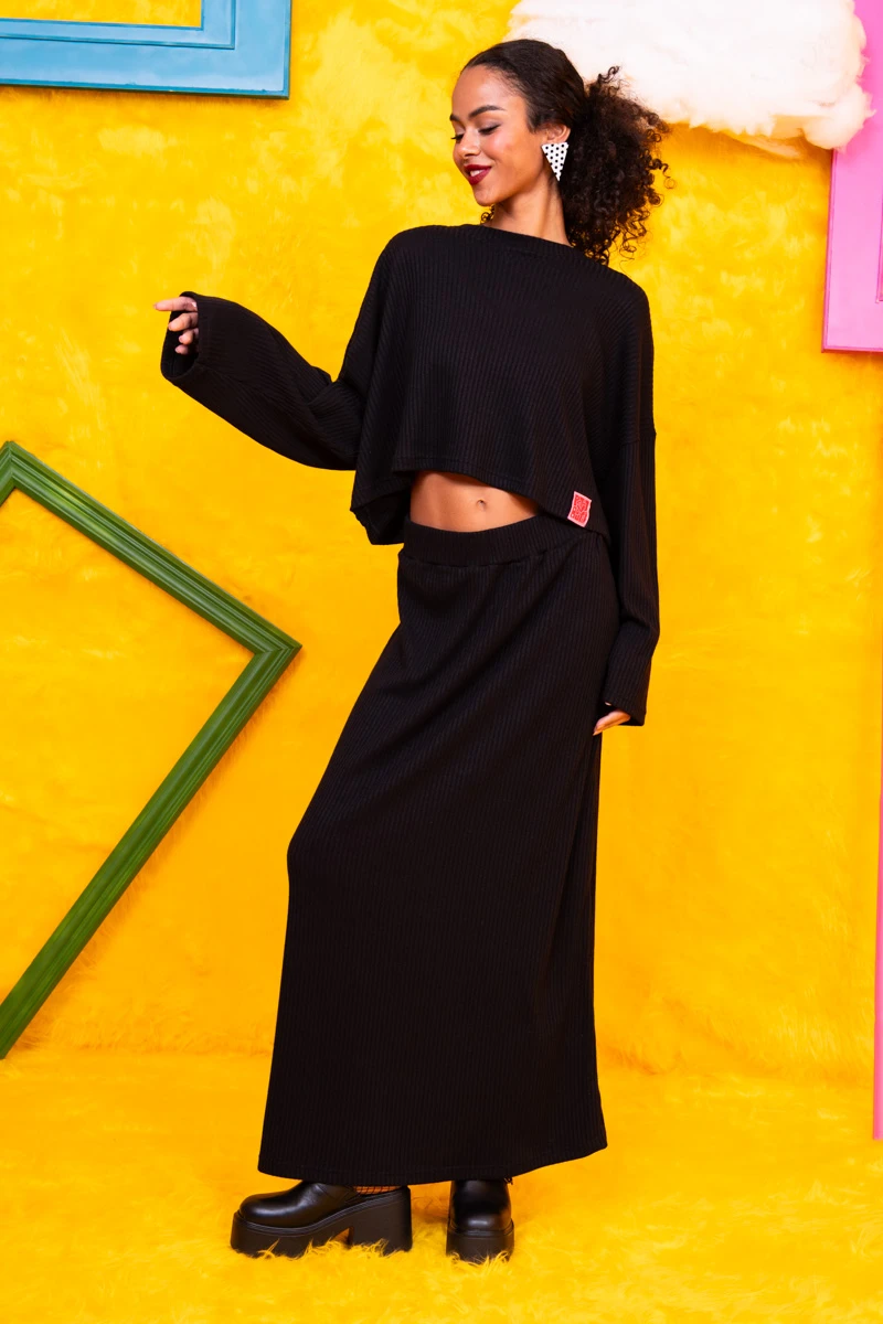 Chelsie Crop Top Πλεκτή Rib Μαύρη Μπλούζα Petit Boutik - Image 2