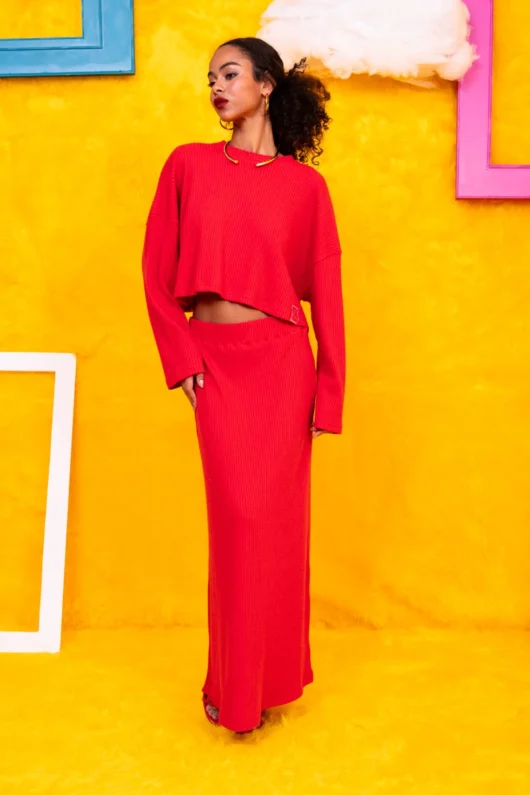 Alternative view of Margo Skirt Πλεκτή Rib Κόκκινη Φούστα Petit Boutik