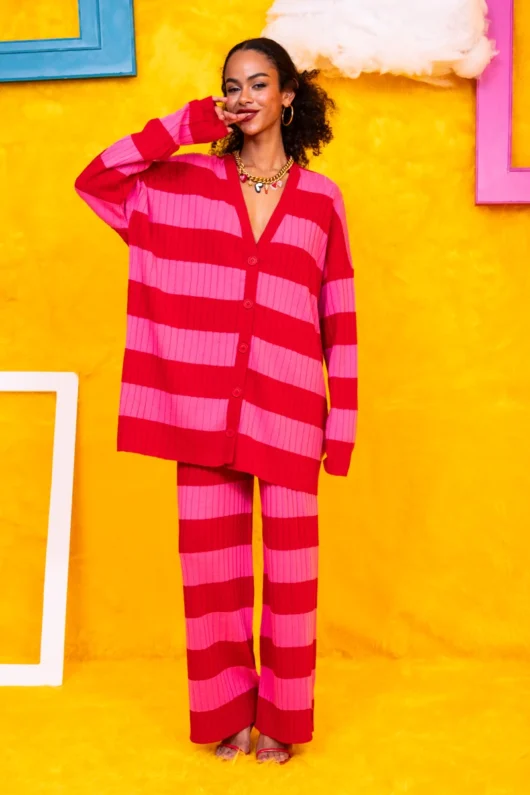 Claire Knitted Cardigan Pink Red Stripes Πλεκτή Ζακέτα Petit Boutik