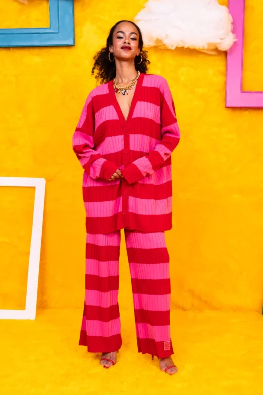 Alternative view of Sara Knitted Pants Pink Red Stripes Πλεκτό Παντελόνι Petit Boutik