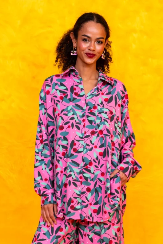 Maya Shirt Pink Green Leaves Πουκάμισο Petit Boutik