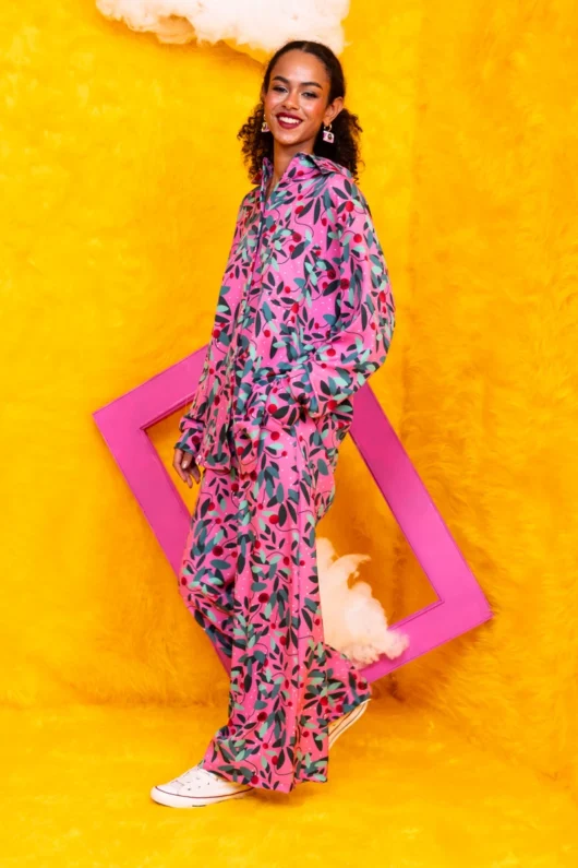 Lora Pants Pink Green Leaves με Τσέπες Petit Boutik