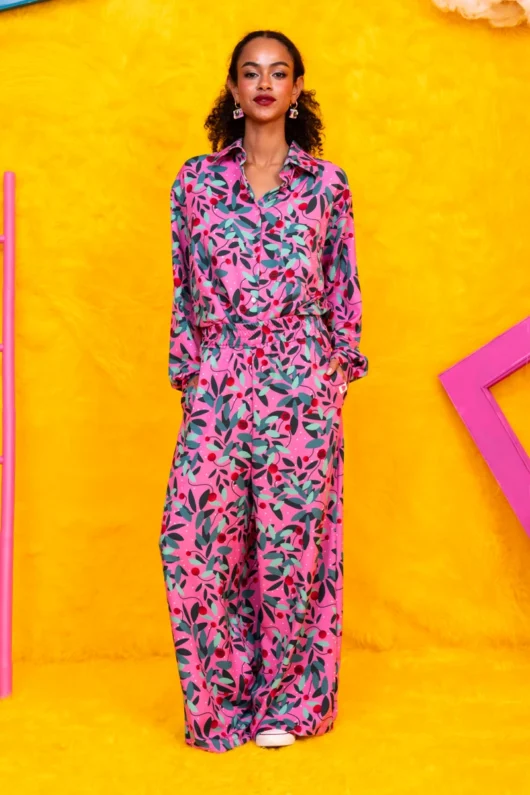Alternative view of Maya Shirt Pink Green Leaves Πουκάμισο Petit Boutik