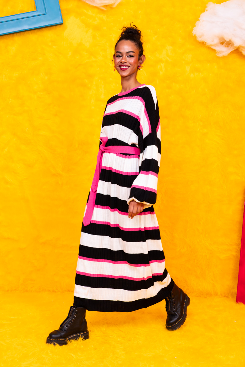 Natalie Knitted Dress Black and White Stripes Φόρεμα με Ζώνη Petit Boutik