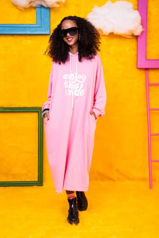 Hoodie Pink Dress “Enjoy The Ride” Φούτερ Φόρεμα με Κουκούλα Petit Boutik