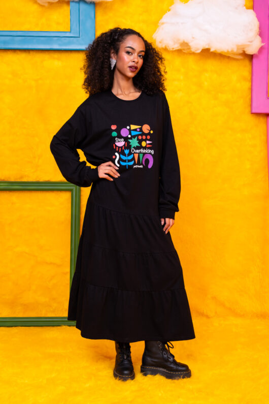 Noelia Frill Dress Stop Overthinking Μαύρο Φούτερ Φόρεμα με Ζώνη Petit Boutik