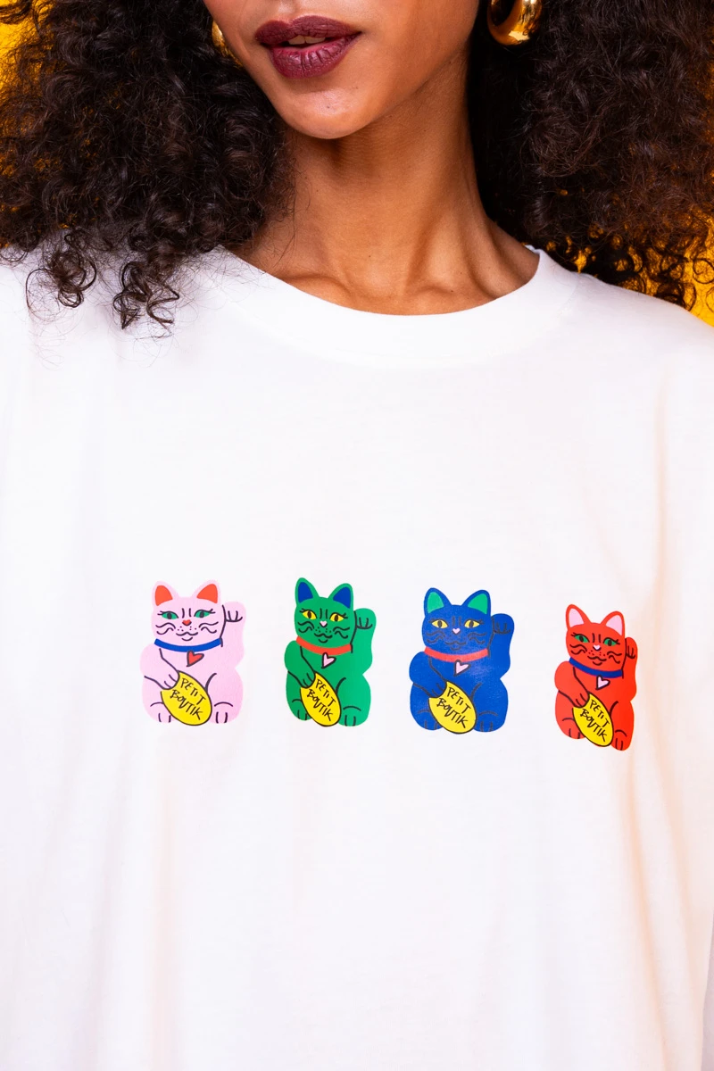T-shirt Blouse White Lucky Japan Cats Κοντομάνικο Μπλουζάκι Petit Boutik - Image 4